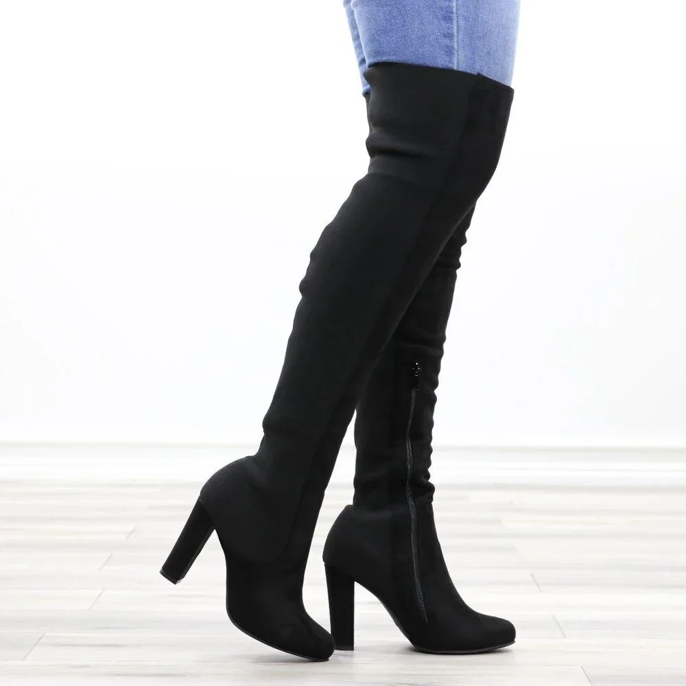 Black Over-the-Knee Boots Pointed Toe Faux Suede High Block Heel